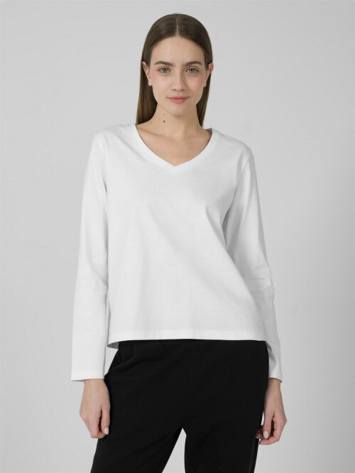 OUTHORN Women's plain vneck longsleeve white