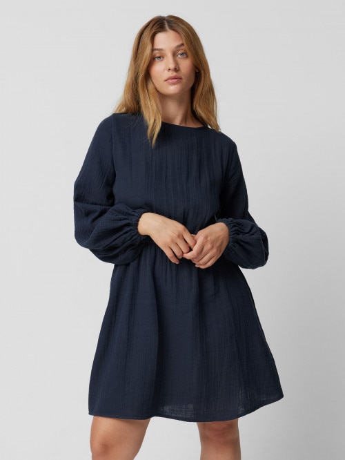 Cotton muslin dress with open back - navy blue